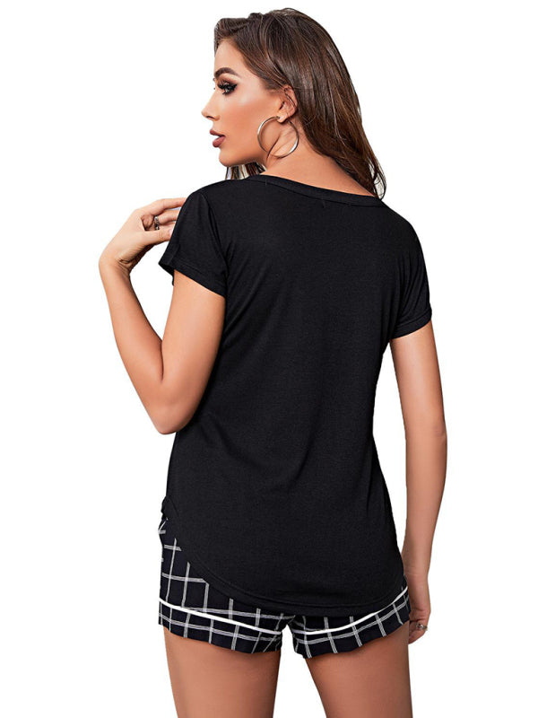 Women's V-neck Short Sleeve Plaid Homewear Set