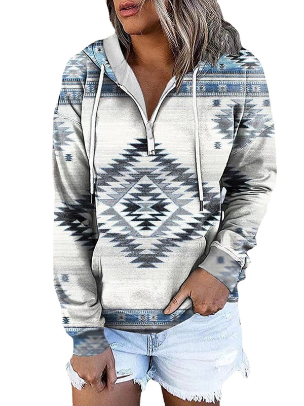 Ethnic tribal print hooded sweater jacket top