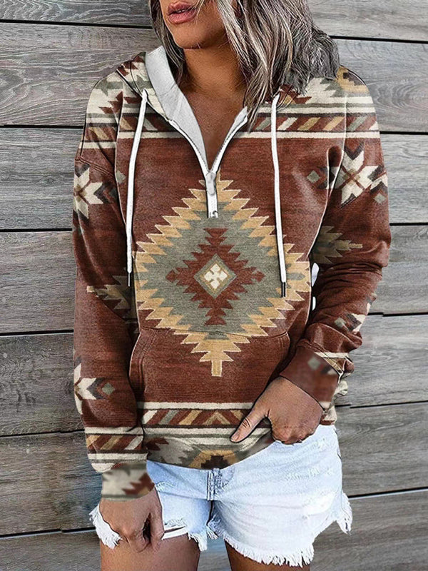 Ethnic tribal print hooded sweater jacket top