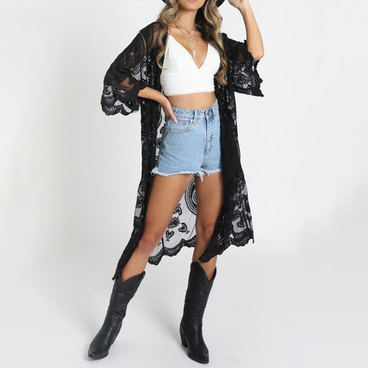 Embroidered lace and mesh cardigan beach cover-up