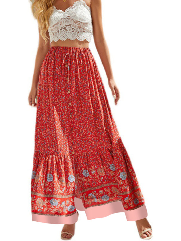 Bohemian Long Skirt Ethnic Print Elastic High Waist Tie Button Slit Holiday Travel Skirt