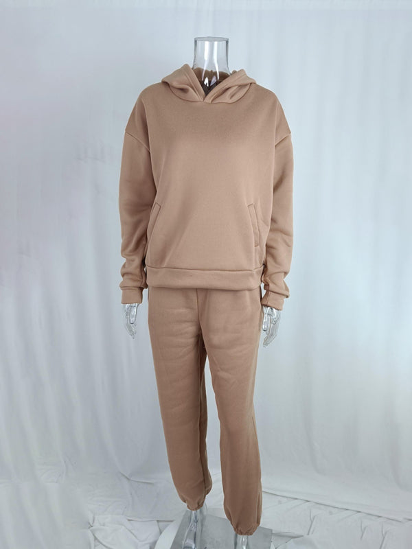 Women's solid color casual fashion trousers thickened long-sleeved hooded  set