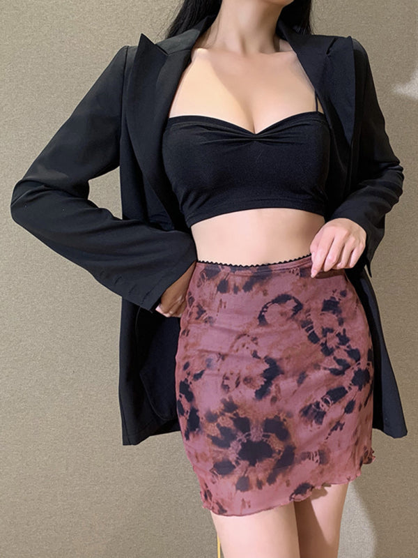 Printed mesh skirt high waist double layer slim wrap hip skirt