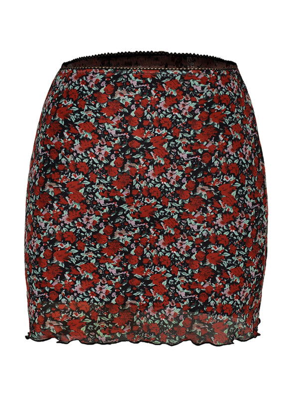 Printed mesh skirt high waist double layer slim wrap hip skirt