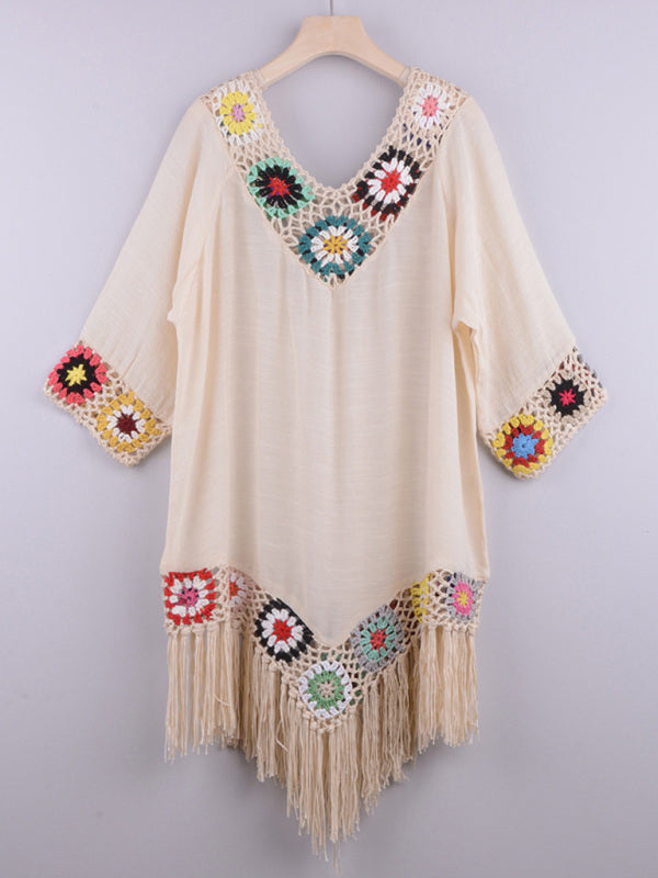 Three-quarter sleeve chain link flower splicing irregular tassel anti-sun blouse ethnic style dress
