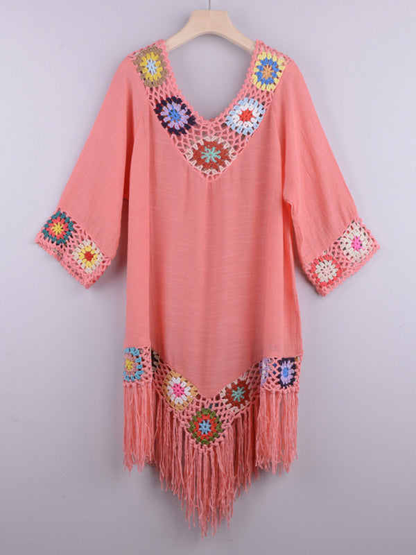 Three-quarter sleeve chain link flower splicing irregular tassel anti-sun blouse ethnic style dress