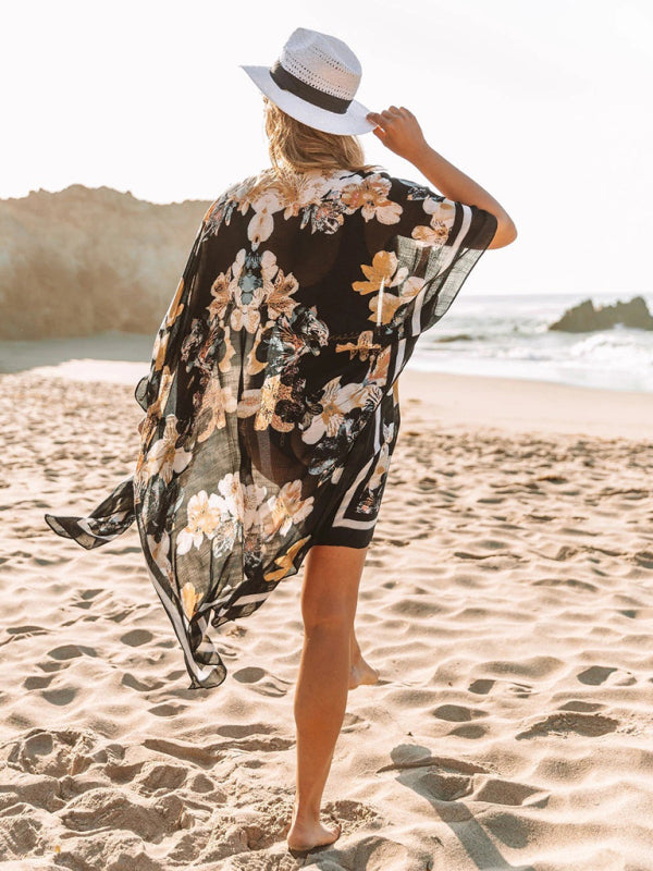 Mid-length slit chiffon printed beach sunscreen blouse holiday style