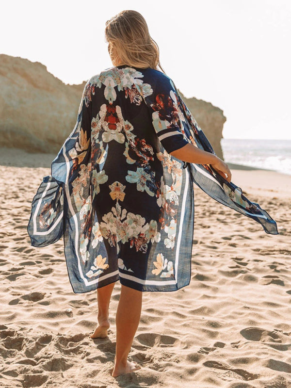 Mid-length slit chiffon printed beach sunscreen blouse holiday style