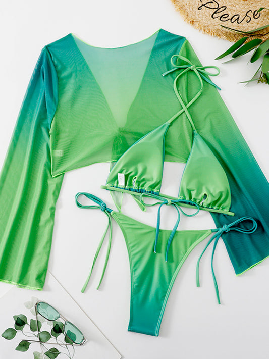 Women's three-piece bikini mesh shawl split swimsuit high waist bikini