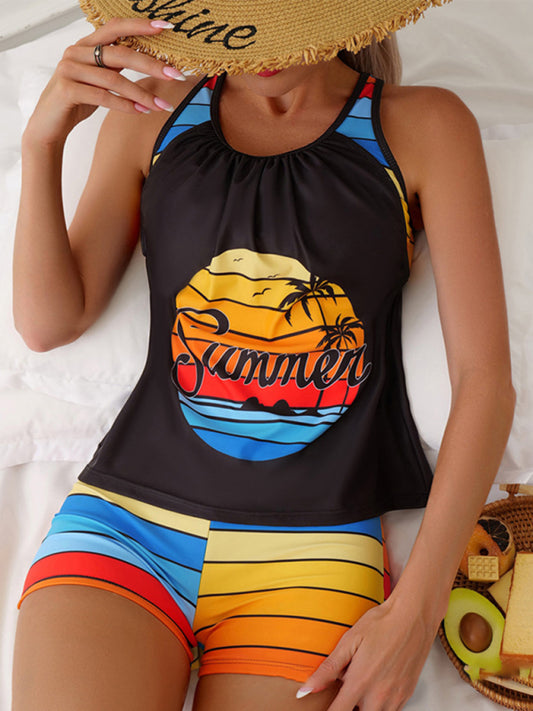 Fashion Beach Spa Vacation Boxer Vest Sports Contrast Color Swimsuit Suit