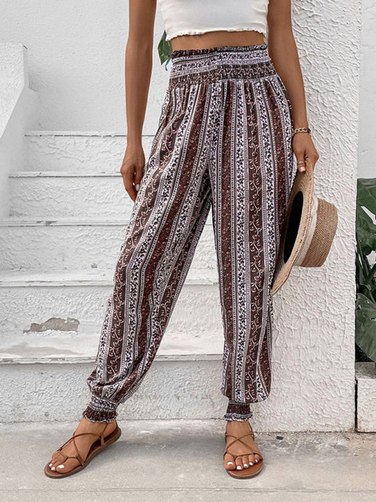 Women's elastic trousers ethnic style high waist printed trousers