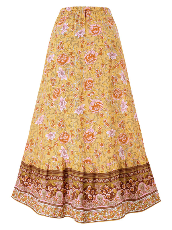 Casual bohemian printed waist drawstring skirt