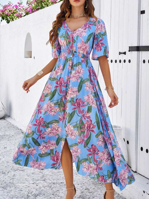 Women's spring and summer vacation casual floral print slit dress