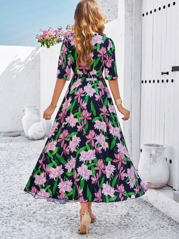 Women's spring and summer vacation casual floral print slit dress