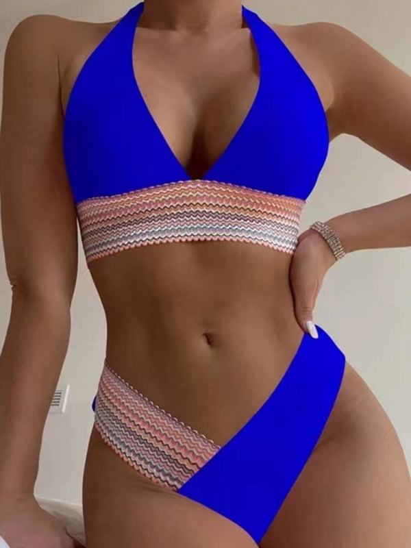 High Waist Swimsuit Color Block Web Sexy Push Up Bikini