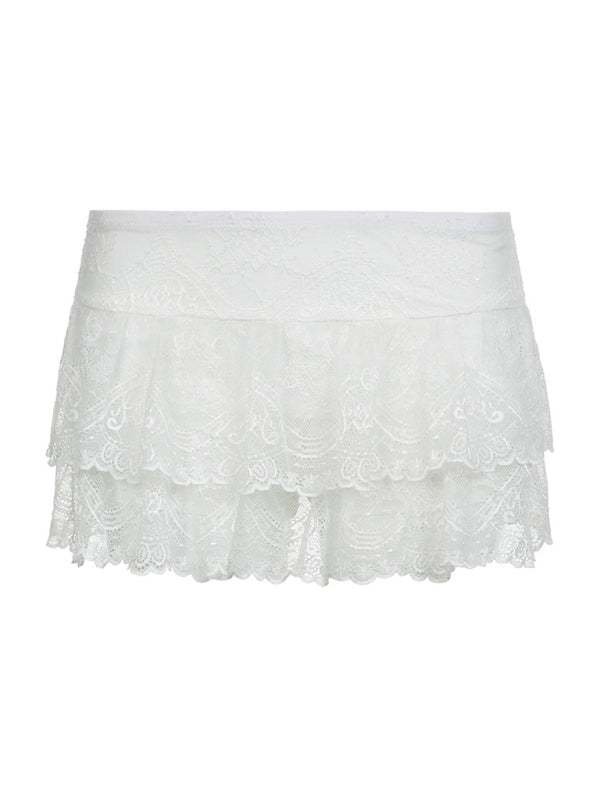 Women's solid color high waist stretch double layer lace cake skirt dance mini skirt pants