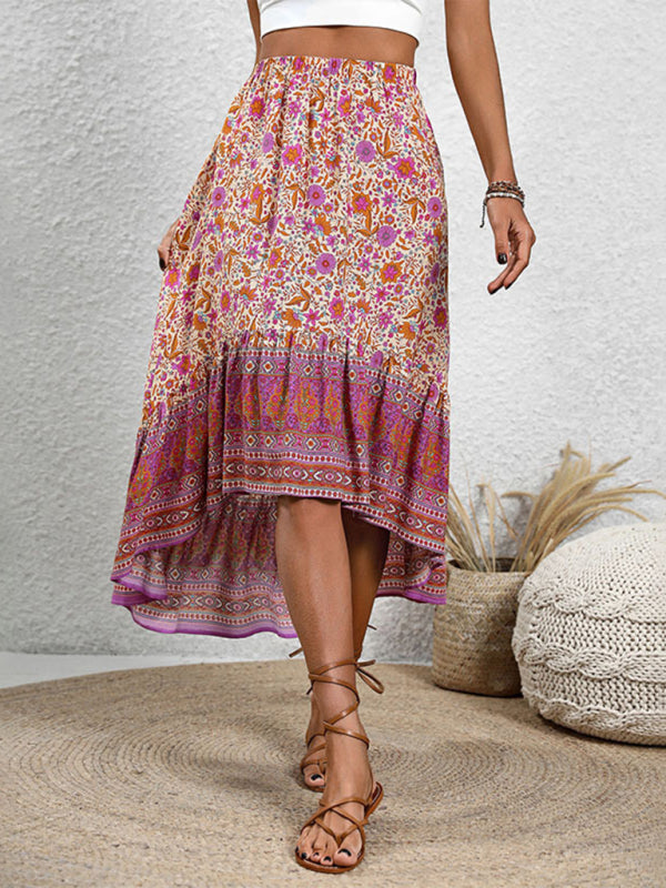 Casual women's bohemian skirt positioning printed floral skirt
