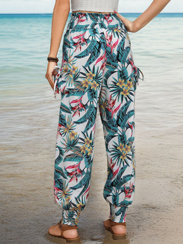 Style casual work pants pocket tropical print leggings trousers