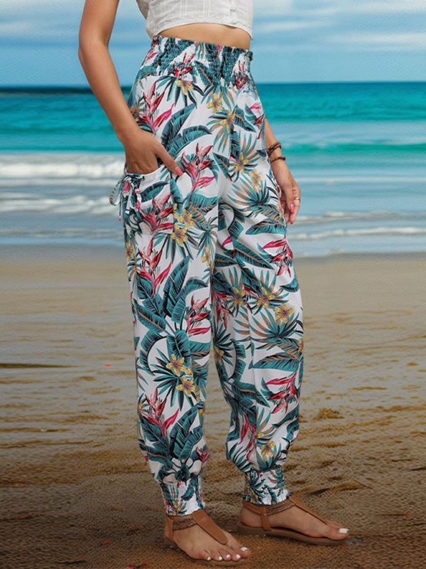 Style casual work pants pocket tropical print leggings trousers