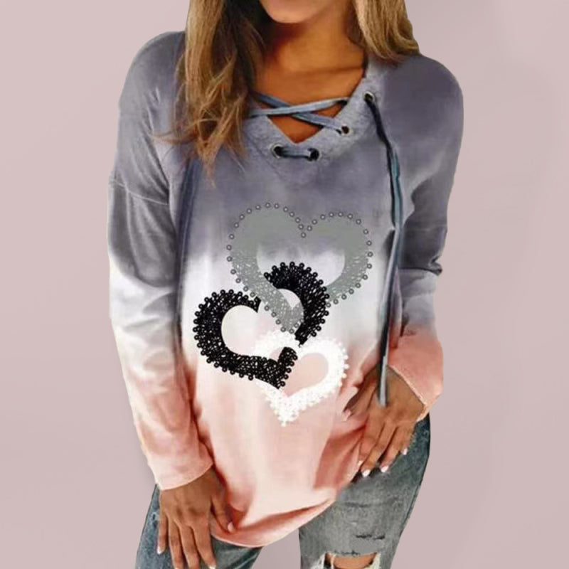 V-neck tie drawstring love print pullover gradient long-sleeved loose sweater