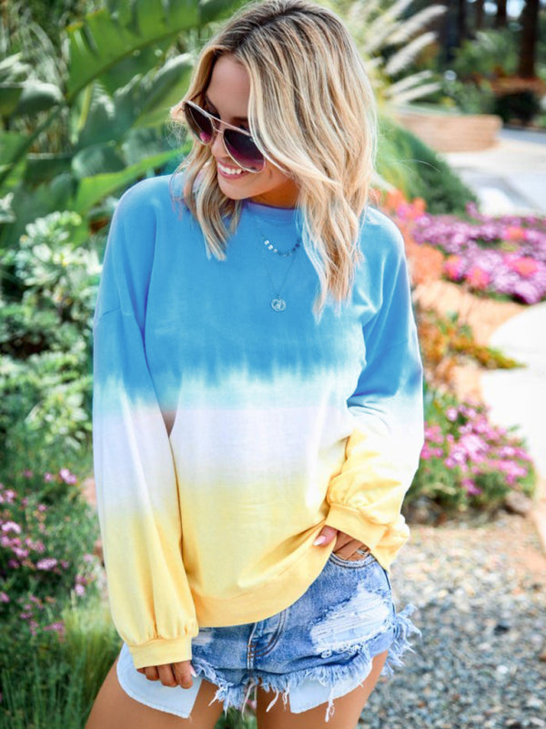 Ladies Tie Dye Rainbow Gradient Print Long Sleeve Sweatshirt