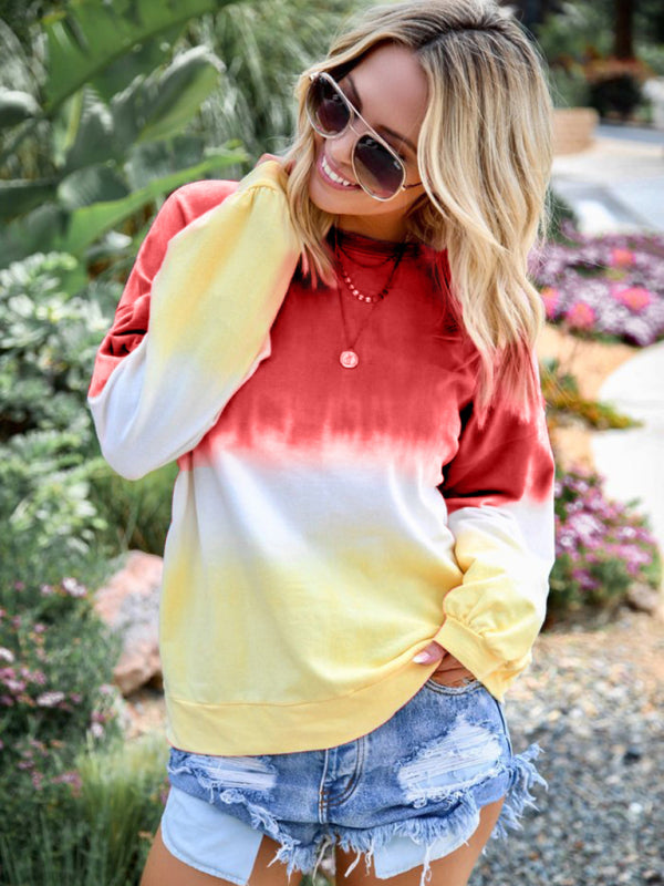 Ladies Tie Dye Rainbow Gradient Print Long Sleeve Sweatshirt