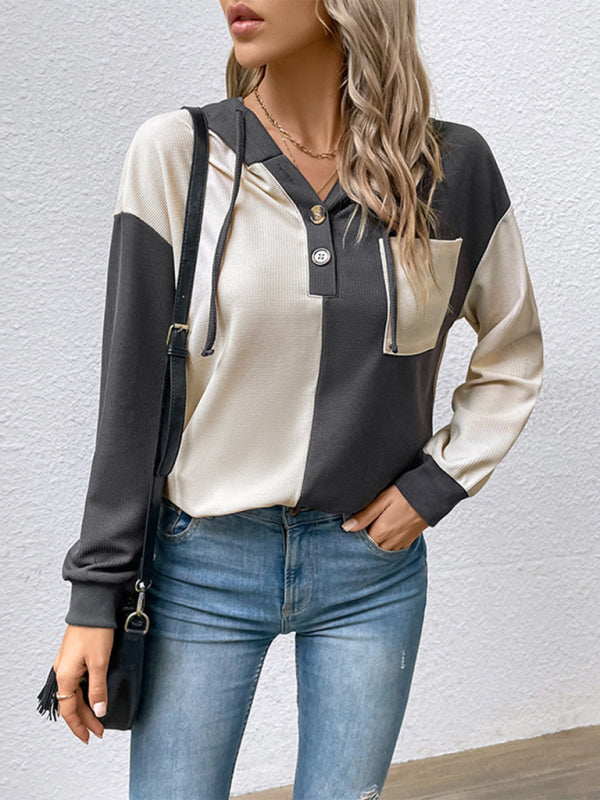 Women's long-sleeved contrast color hooded sweater