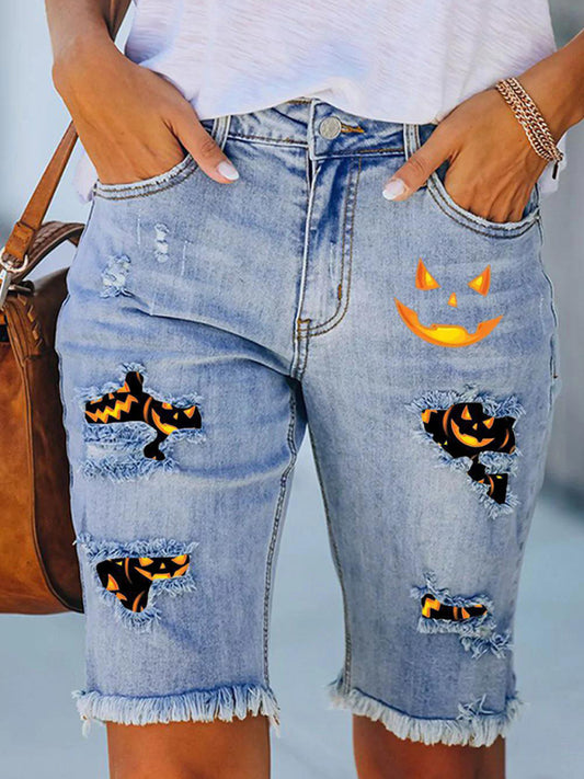 Denim casual five-point pants Halloween printed pants raw edge jeans