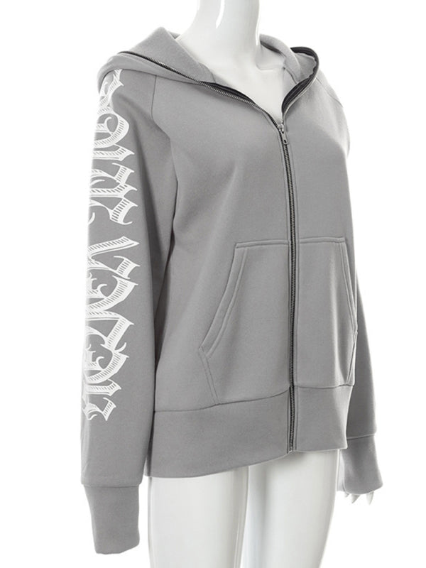 Zippered letter print hooded long-sleeved casual sweatshirt