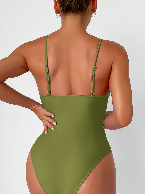 Solid color sexy deep V one-piece swimsuit
