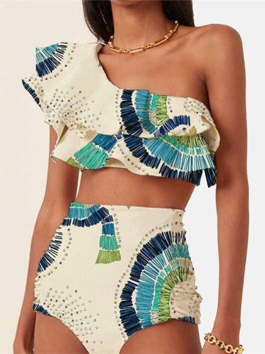 Bikini women's double-layer large lotus leaf one-shoulder split swimsuit